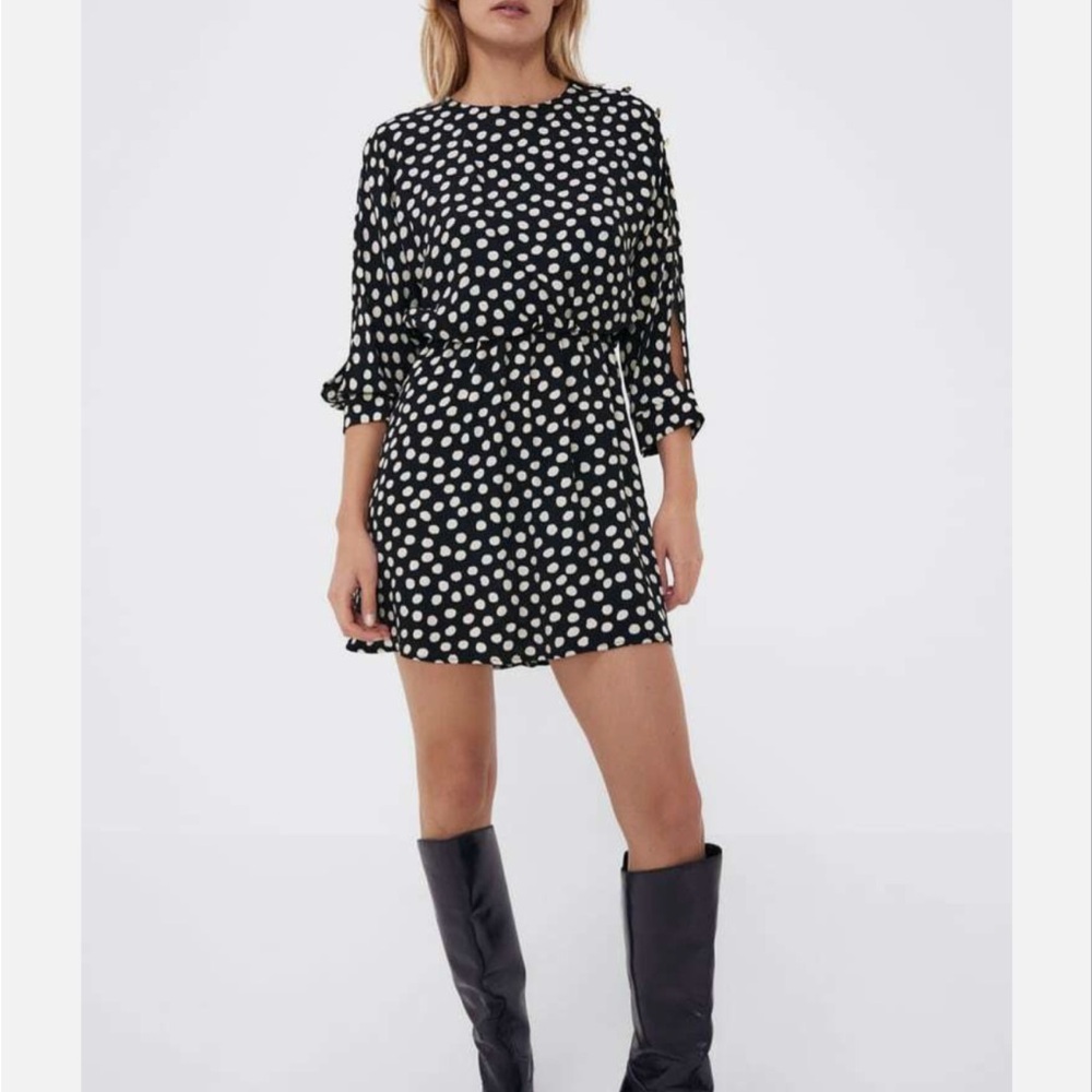 NWT Zara Black and Off-White Polka Dot Dress